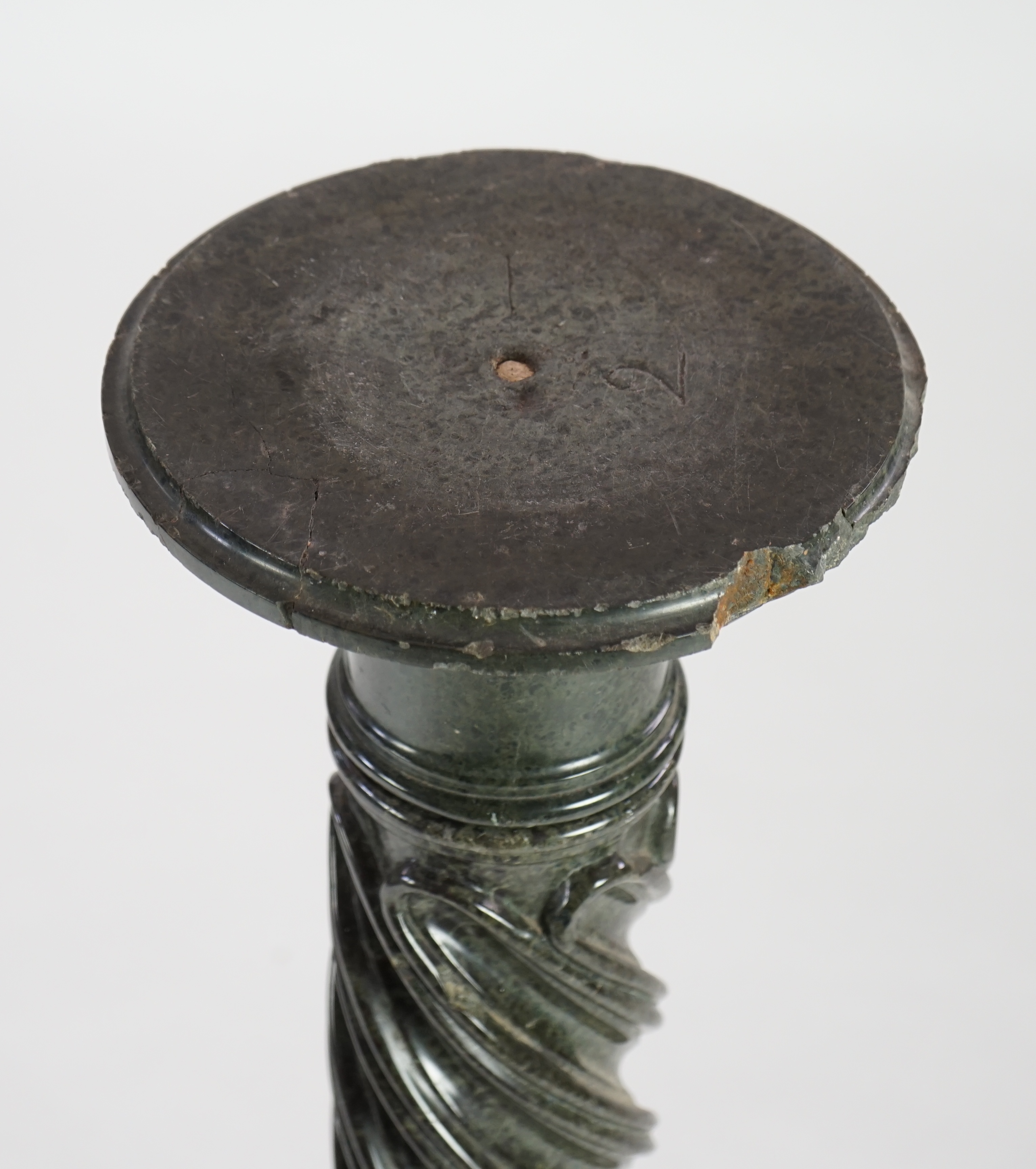 A Victorian green serpentine pedestal with spiral fluted column on octagonal plinth, 110cm high. Condition - fair